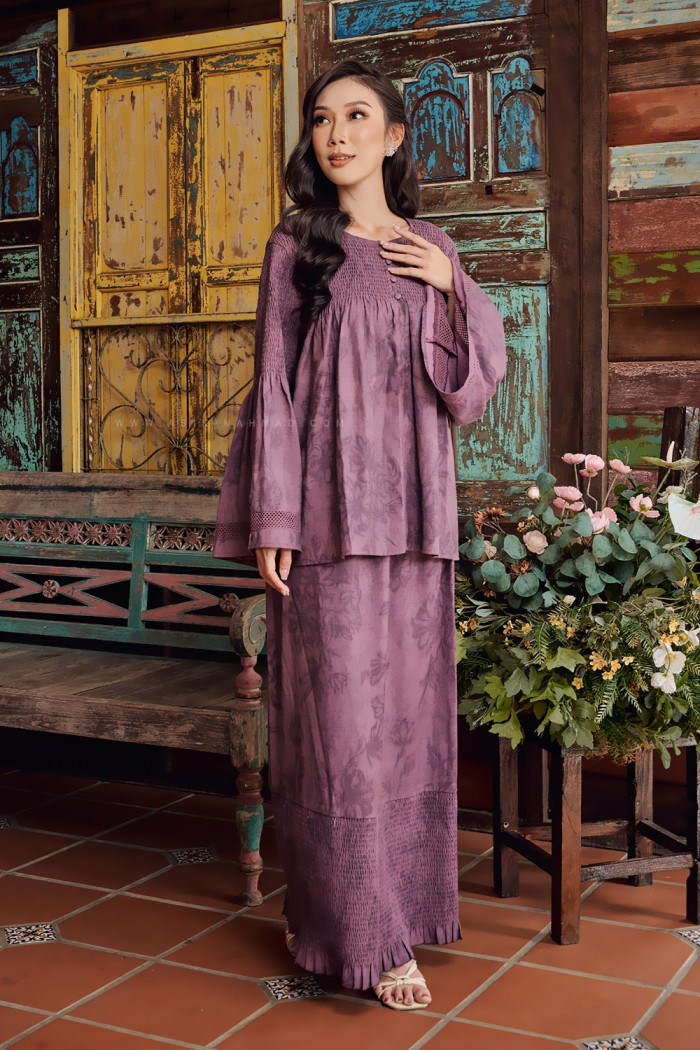 LINEN BAYU PRINTED KURUNG IN ASH PURPLE