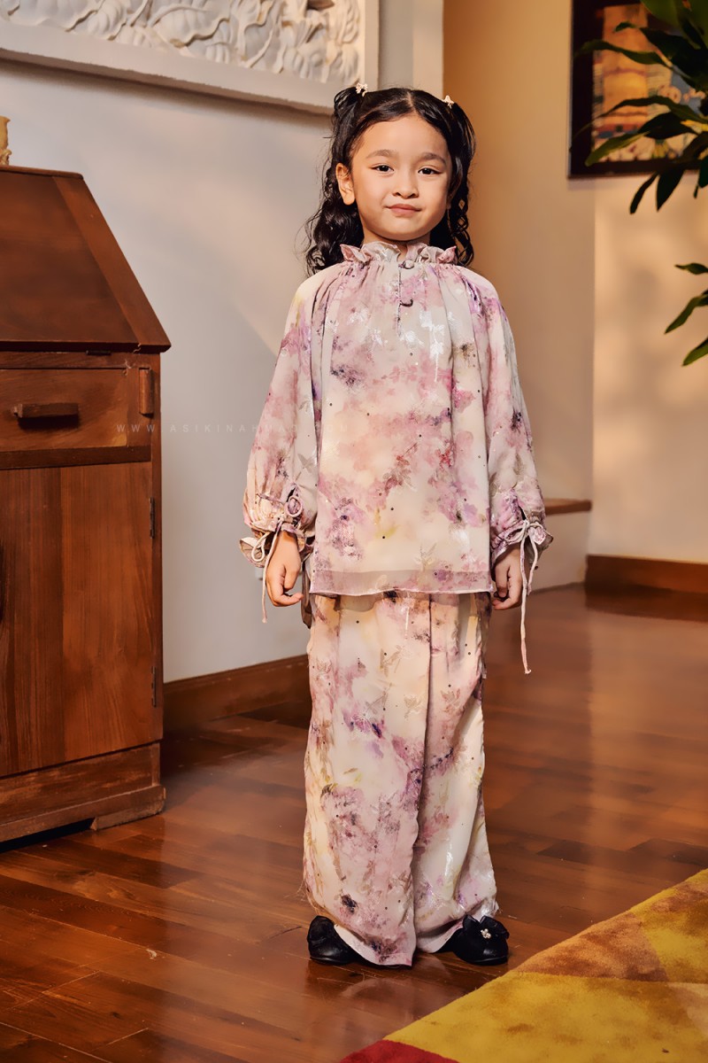 ORKID PRINTED KURUNG KIDS IN PINK CREAM (BATCH 2)