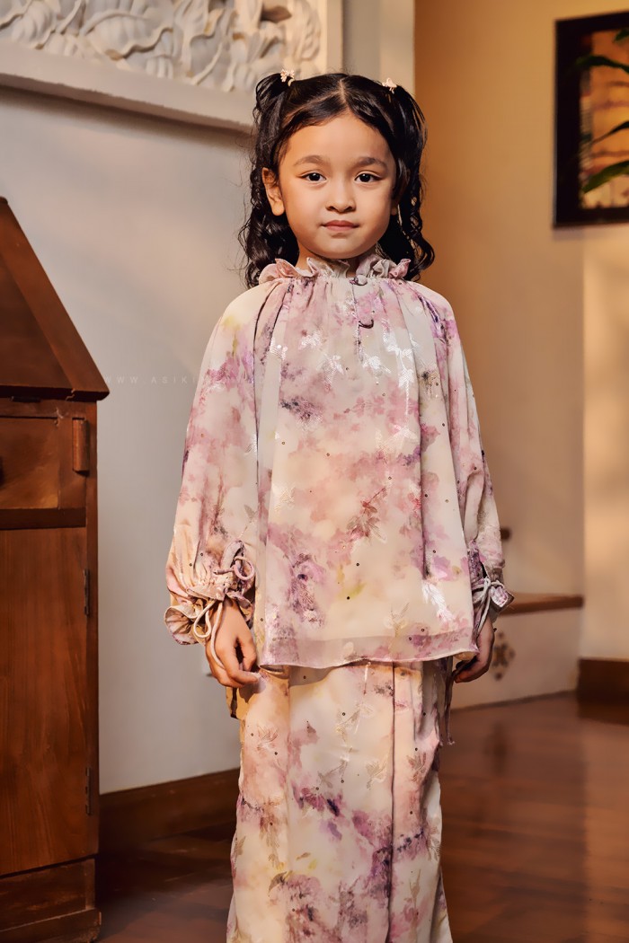 ORKID PRINTED KURUNG KIDS IN PINK CREAM (BATCH 2)